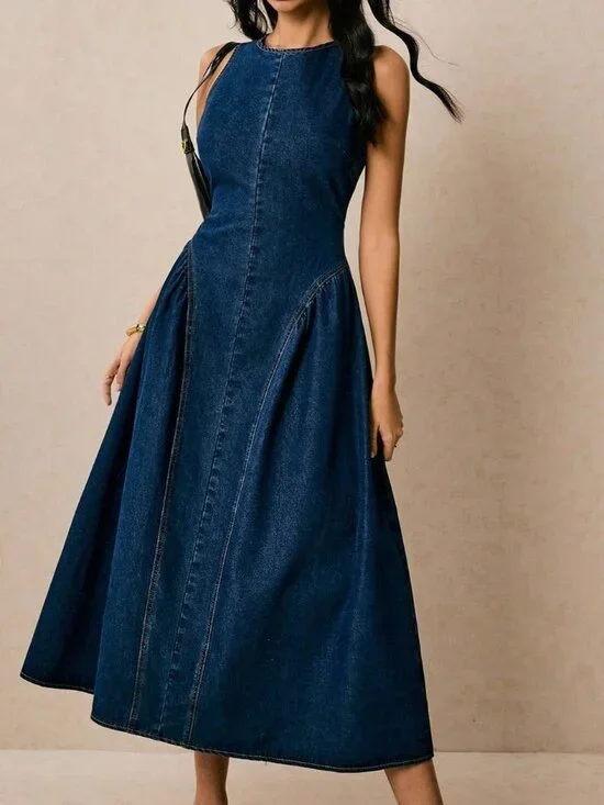 Dark Wash Casual Women's Sleeveless Flared Denim Dress - Picture 2 of 7